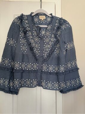 Sezane Blue Eyelet Ruffle Button-Front Blouse